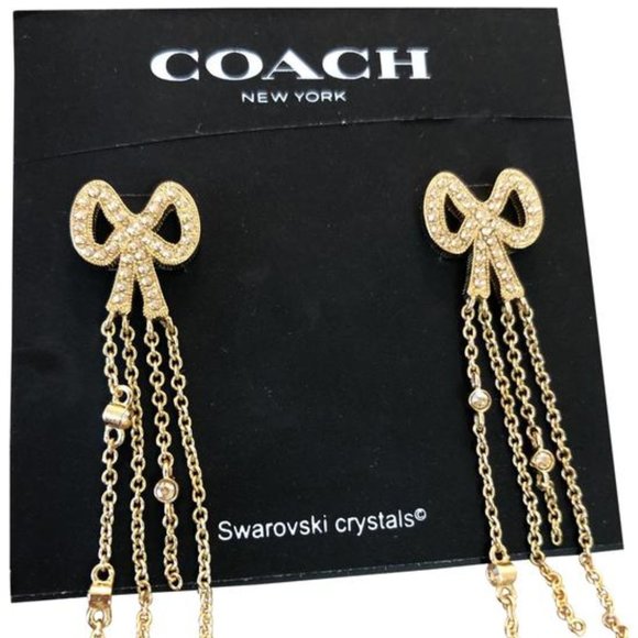 Coach Swarovski Crystals waterfall chains gold pave bow earrings - Picture 1 of 5